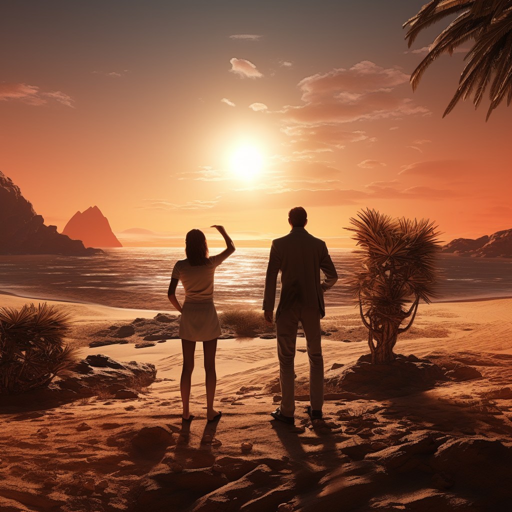 Three people staring on a desert island