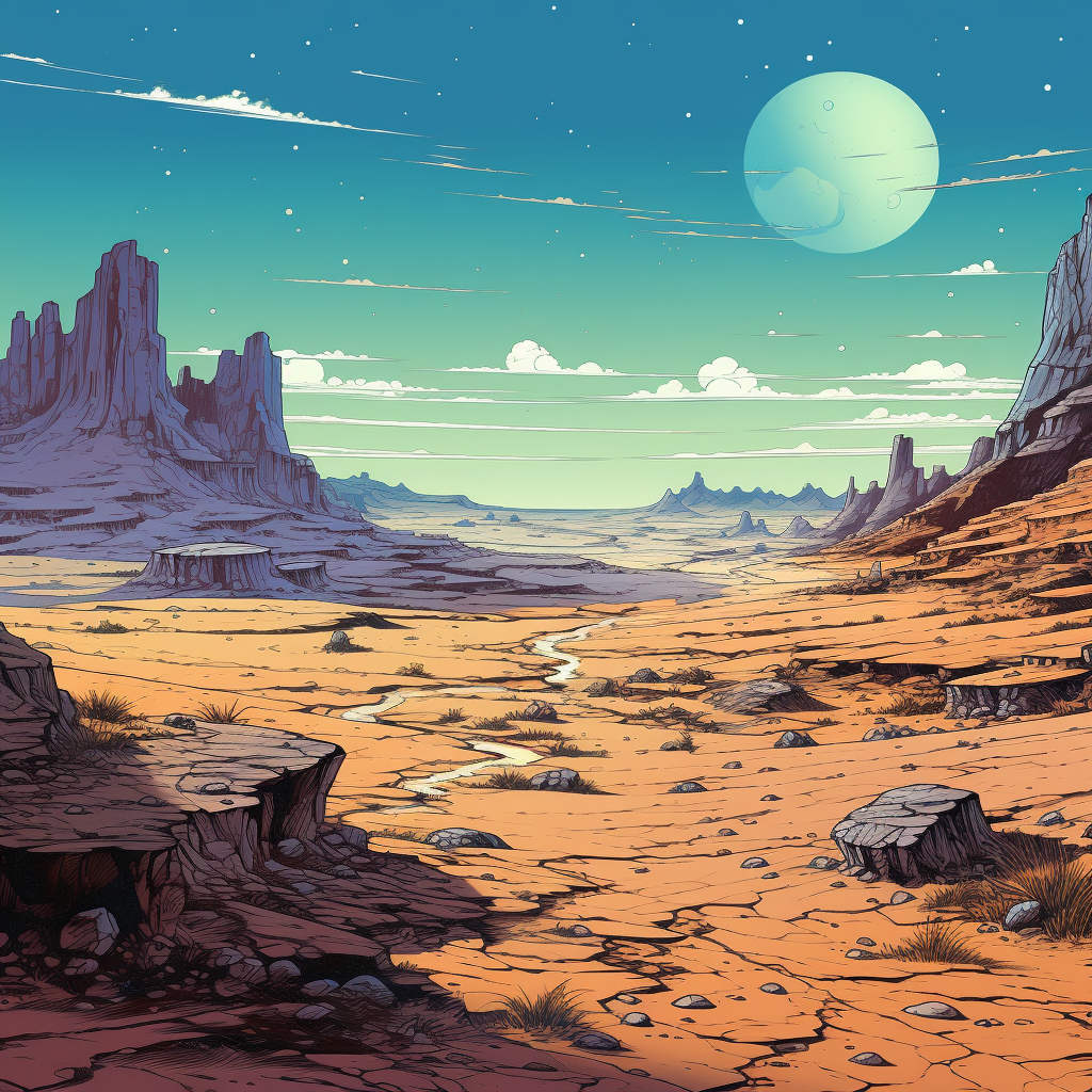 Desert landscape with Moebius-style elements