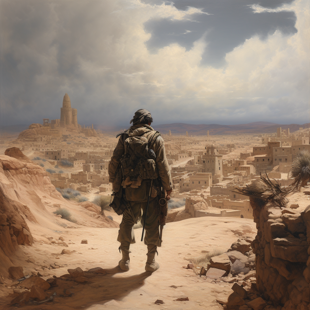 Soldier overlooking epic desert battle scene