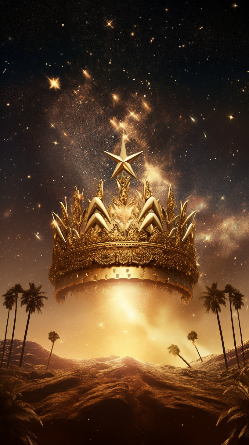 Shiny golden crown under desert night sky