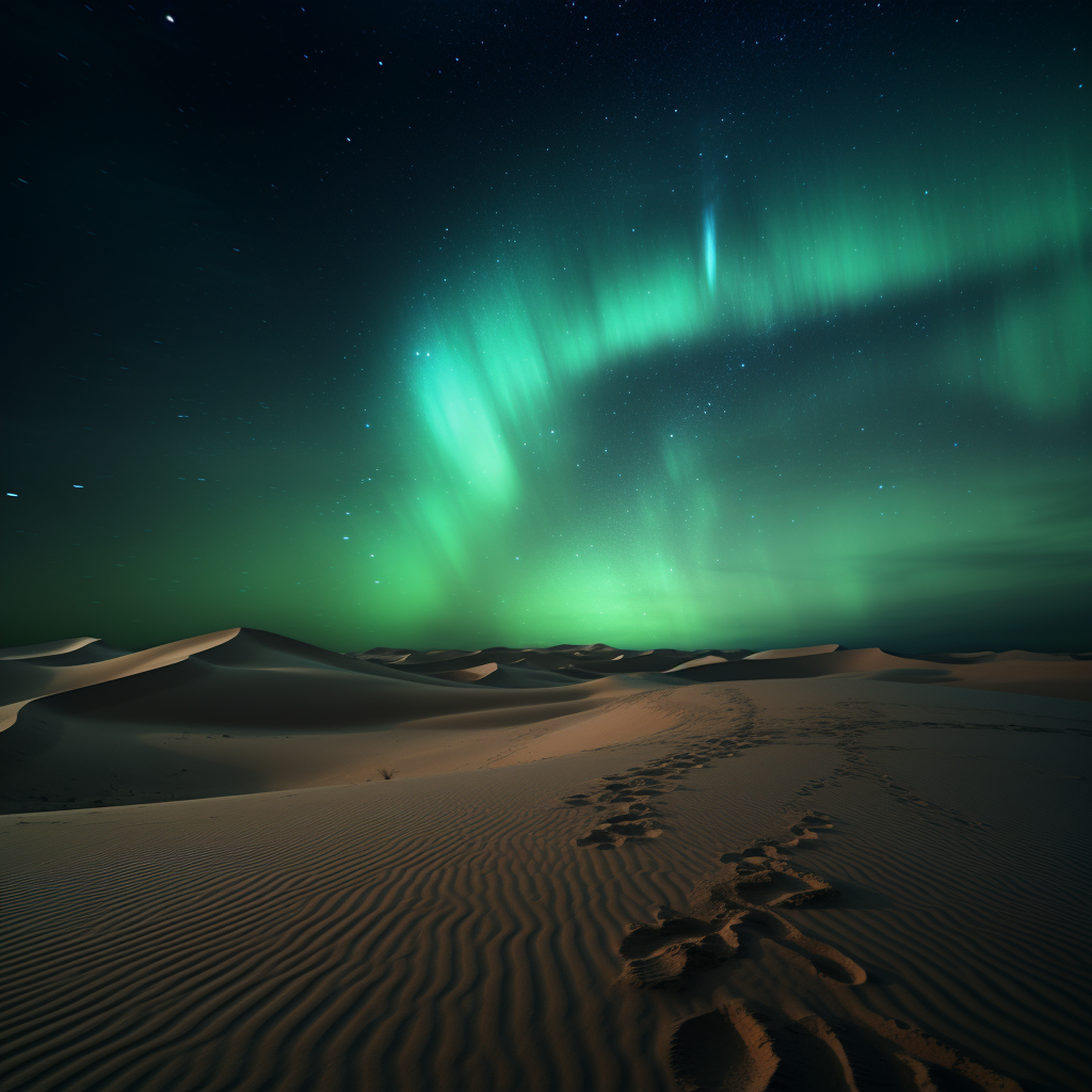 Vibrant green aurora in the desert night