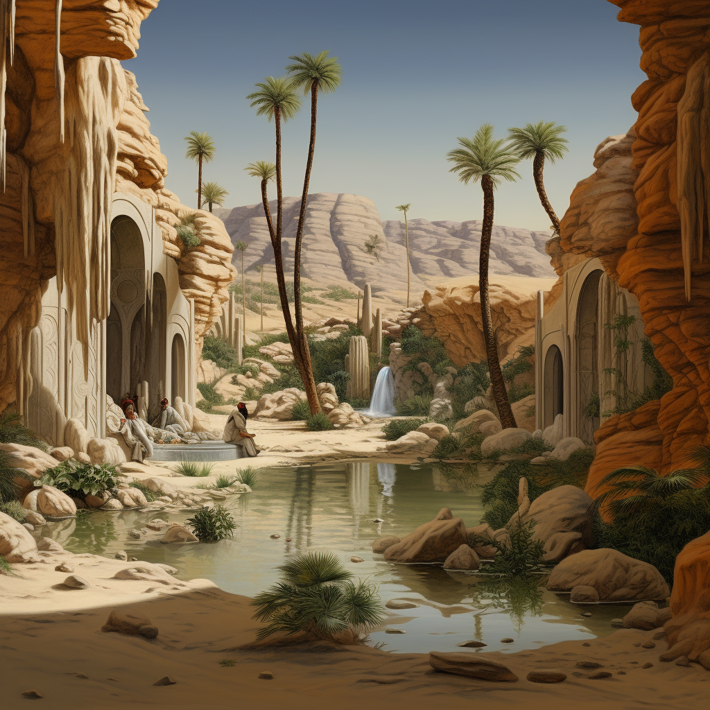 Realistic Desert Oasis with Cracked Statues