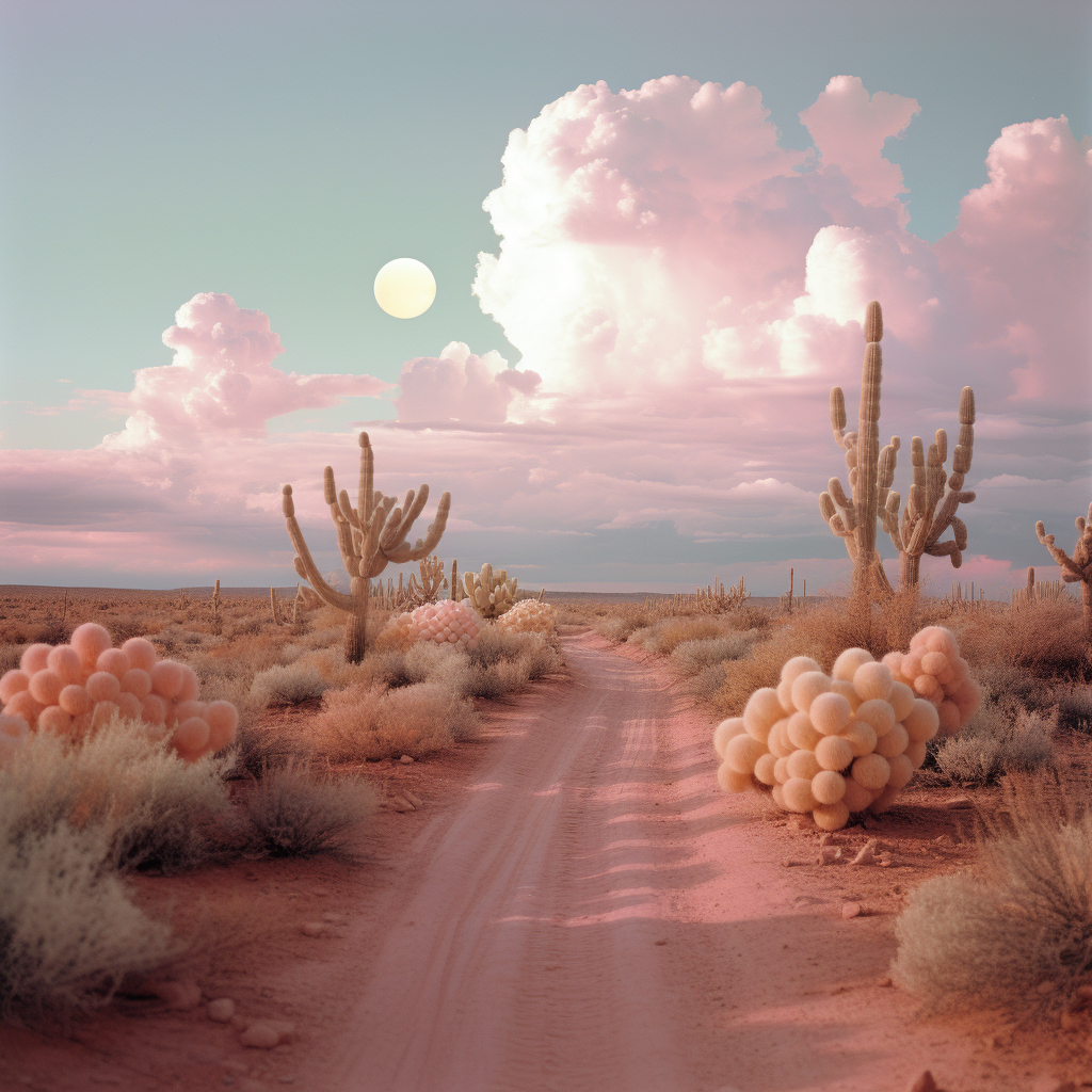 Pastel retrofuturistic desert scene with cacti, stream, and cloud