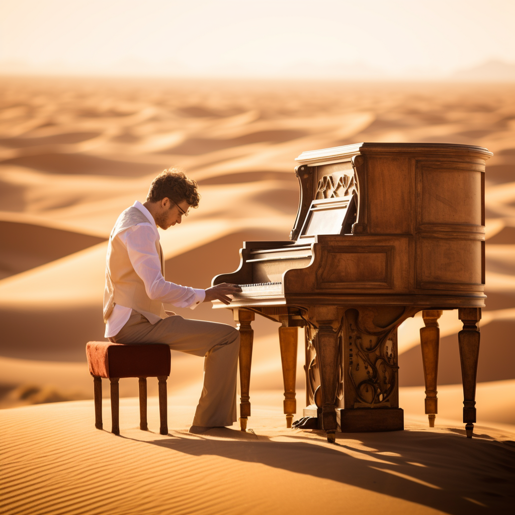 Piano player creating magical melody on a desert dune