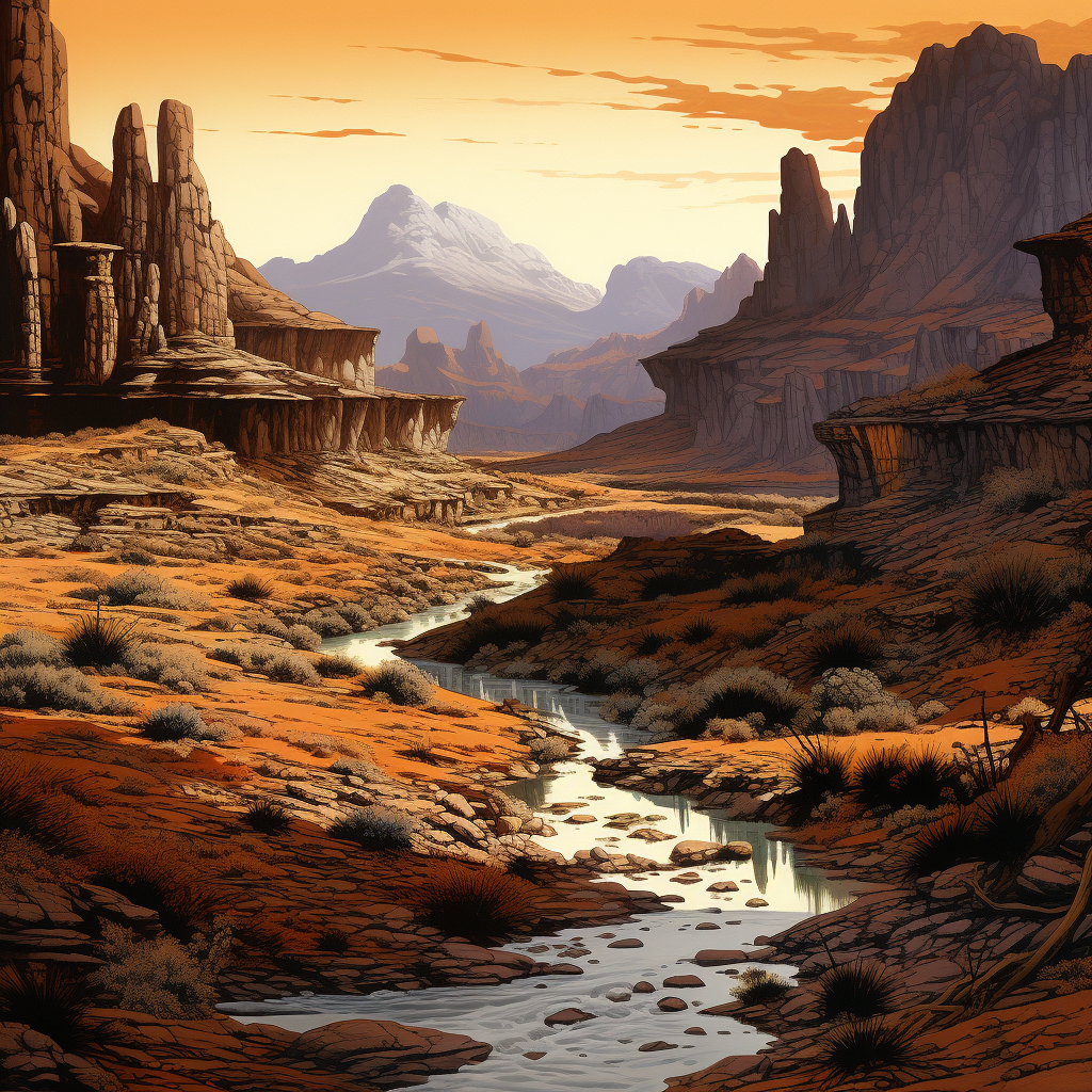 Illustration of a deep desert rift and dried river bed