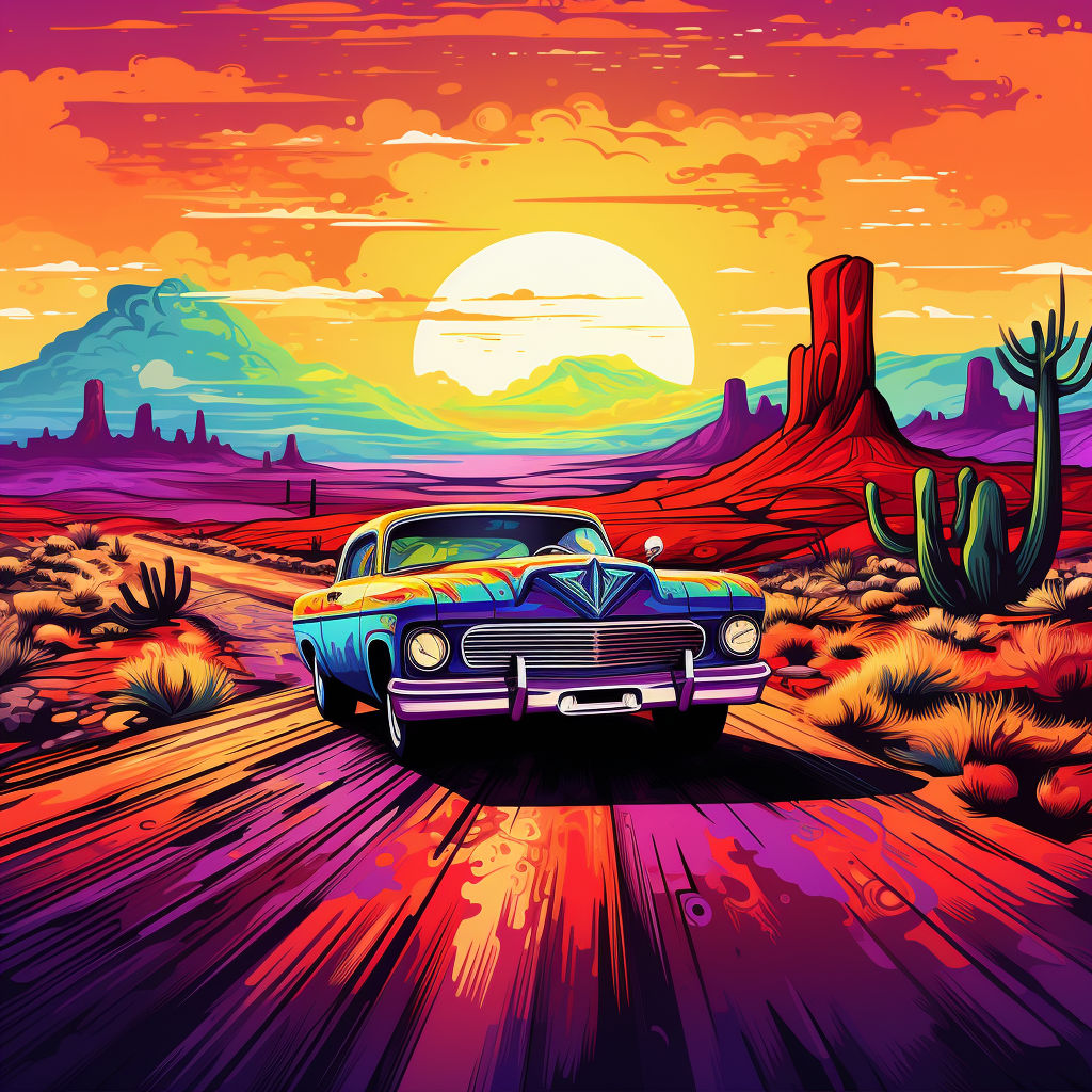 Colorful hot rod drives on desert road