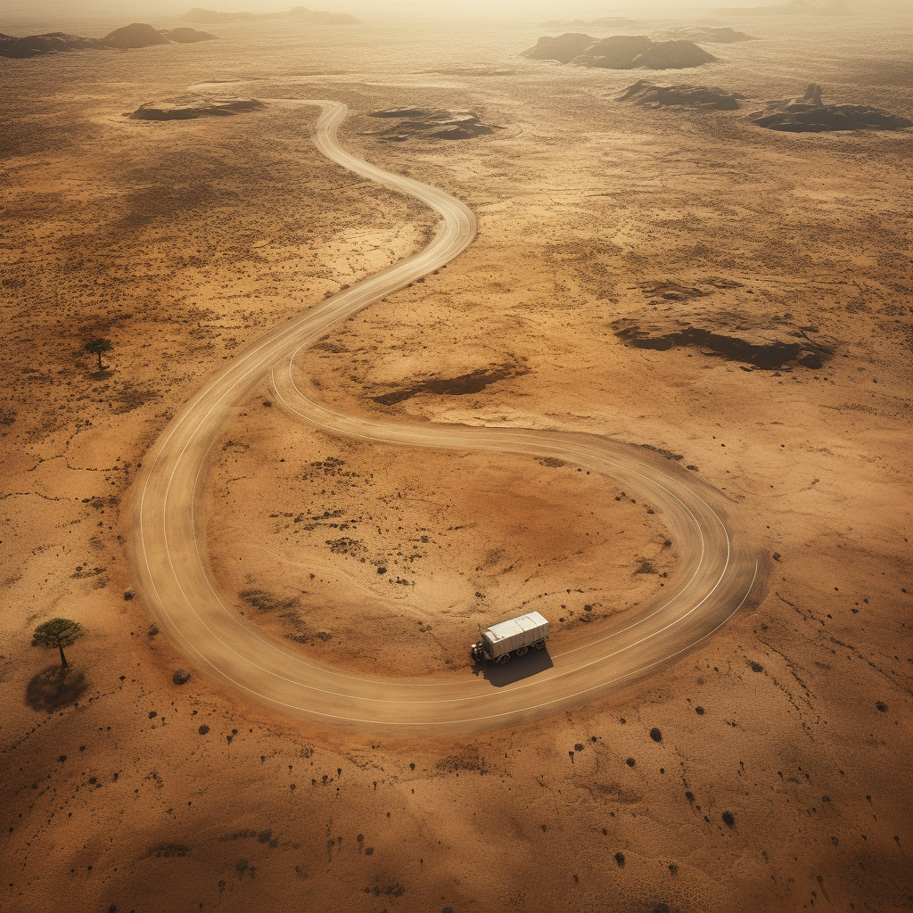 Winding road in desert with semi truck