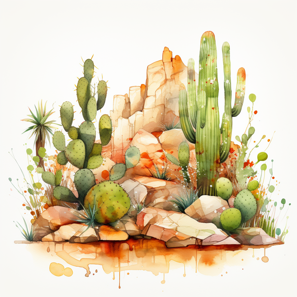 Abstract Watercolor Pattern of Desert Rocks and Plants