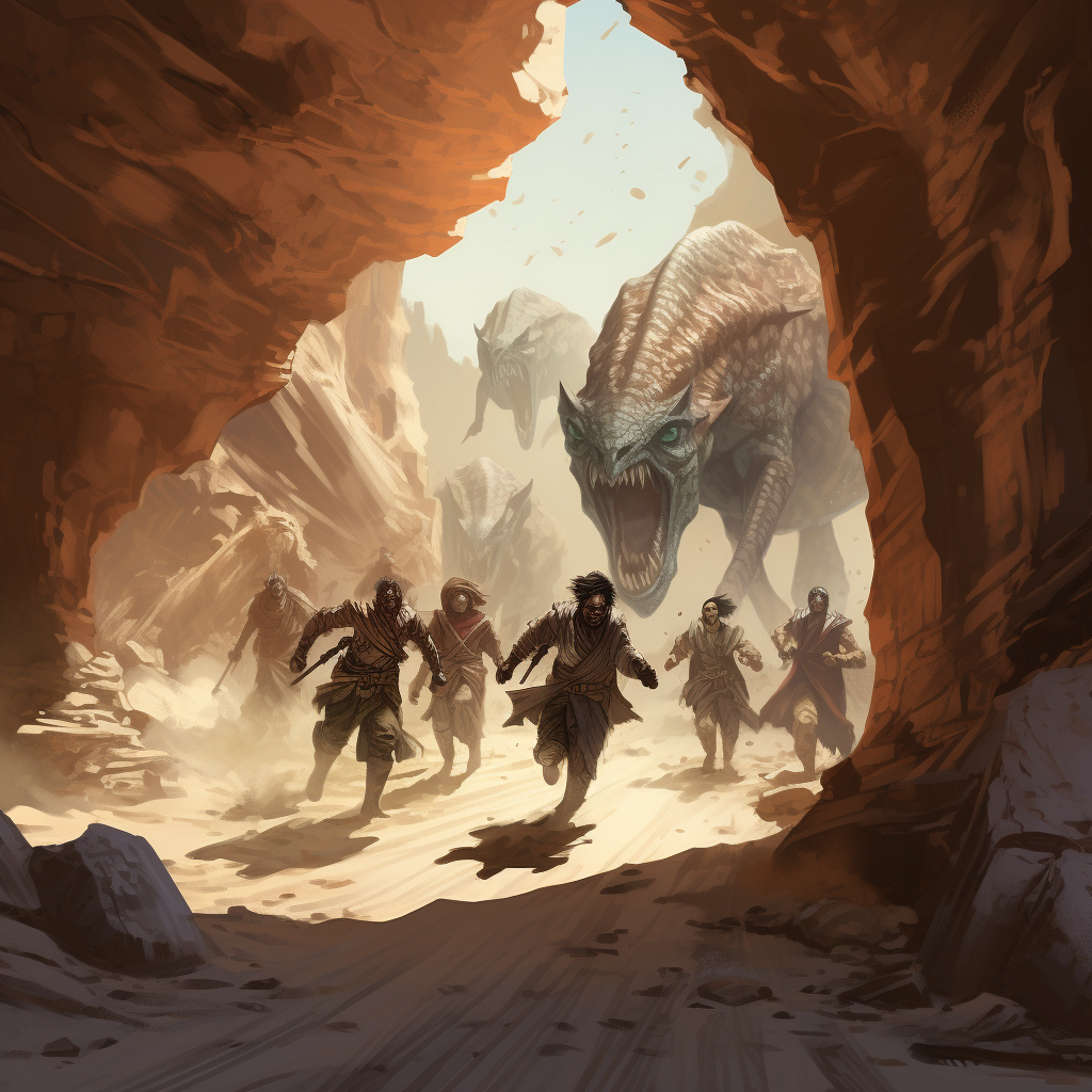 Adventurers running from chasing monsters in desert ruins