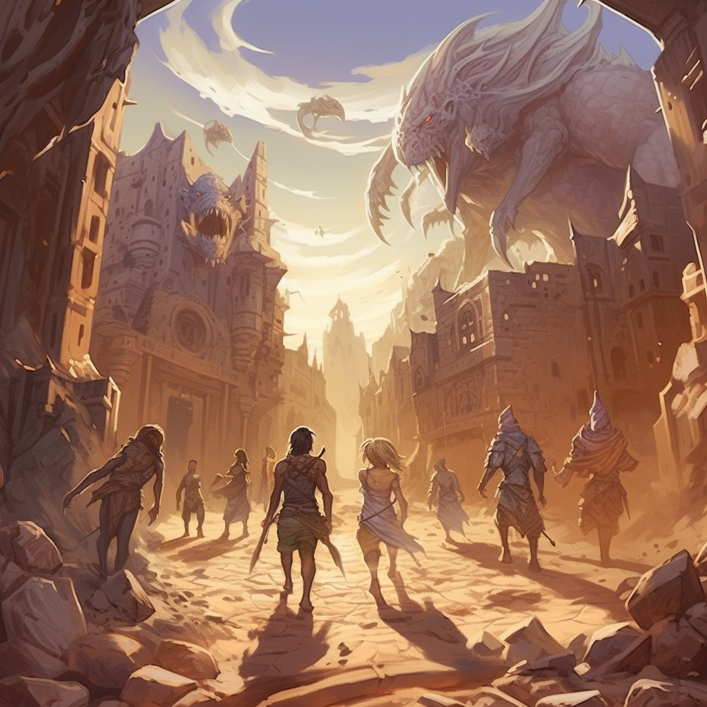 Adventuring party escaping shadow monsters in desert ruins