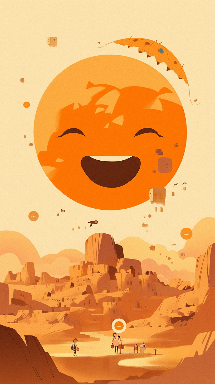 Smiley faced sun overlooking a desert sand town