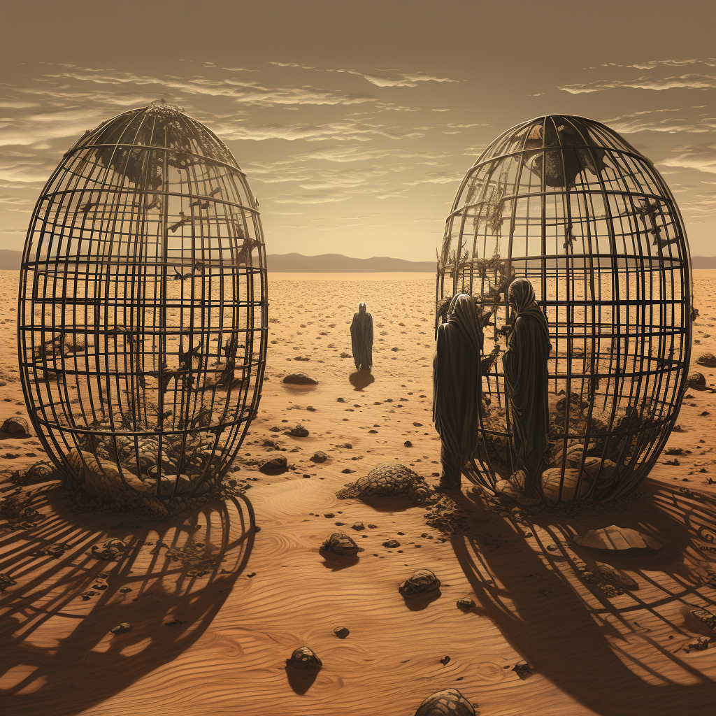 Men trapped in cage under desert sands