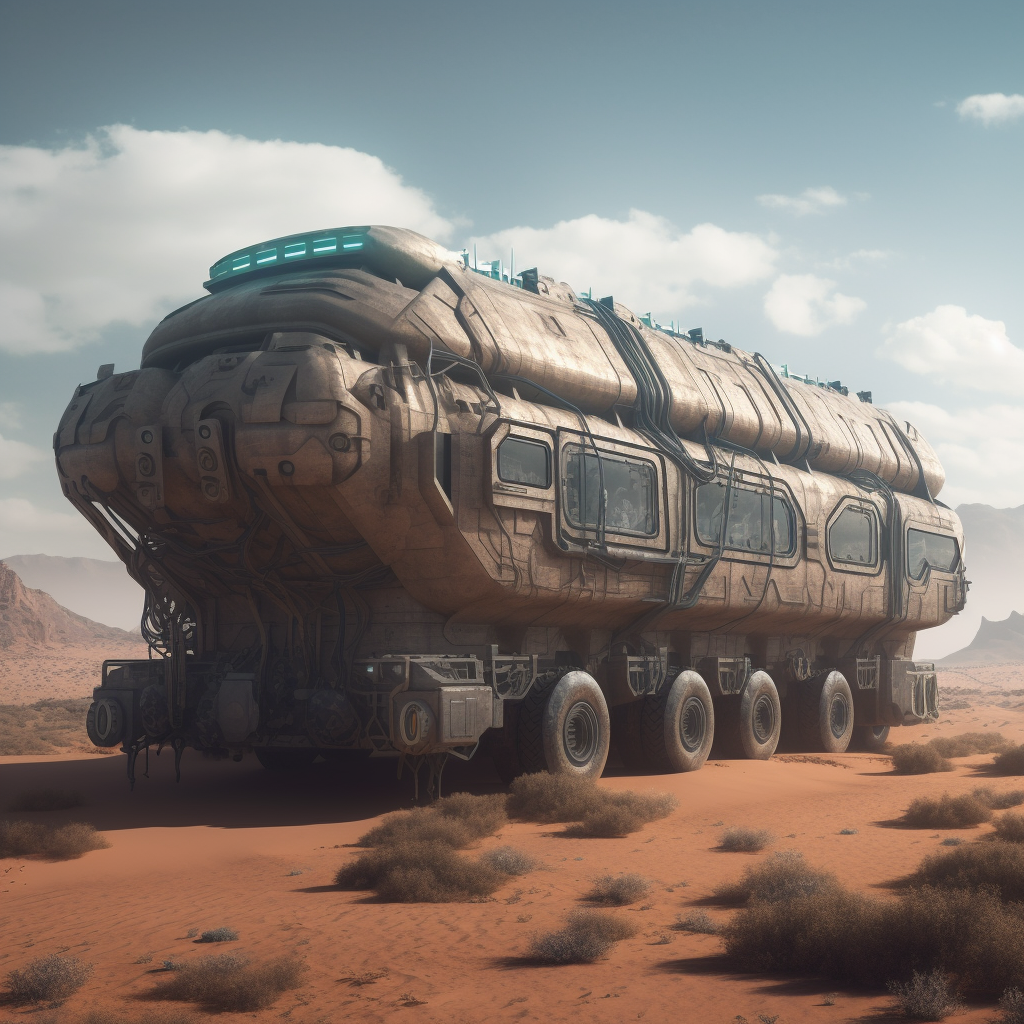 A futuristic megalithic sci fi bus in the desert