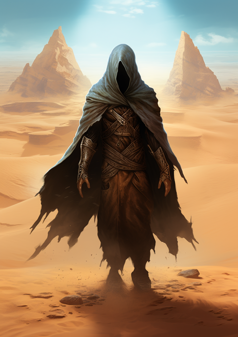 Man in desert cape and storm mask emerging