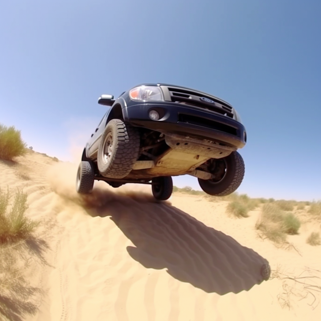 Black Ford Ranger Supercab Edge jumping a dune