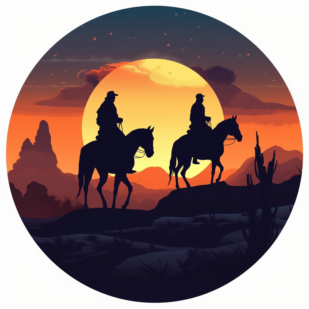 Silhouette of Four Horsemen Riding into Sunset