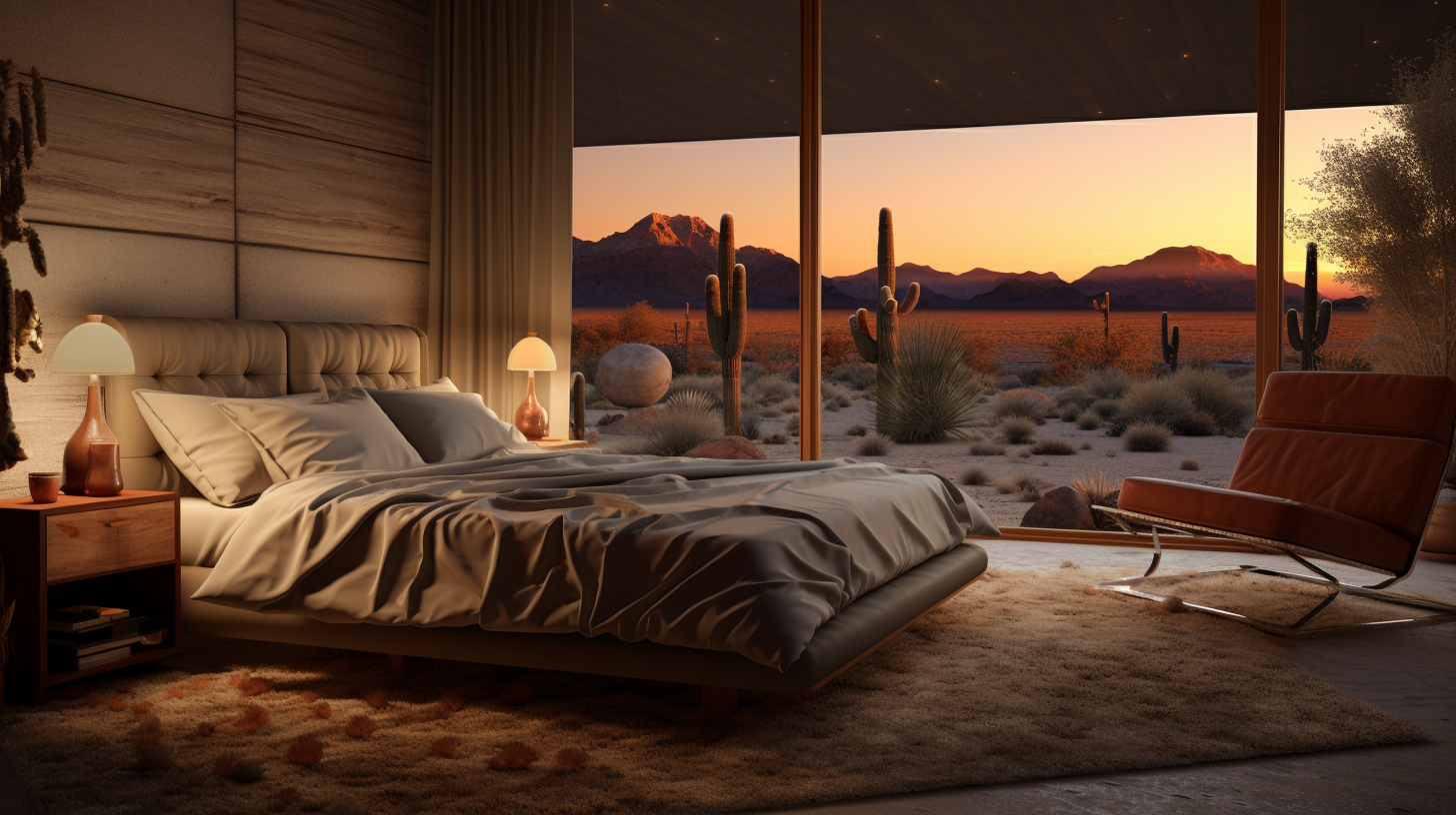 Cozy desert bedroom with dim lamp lighting