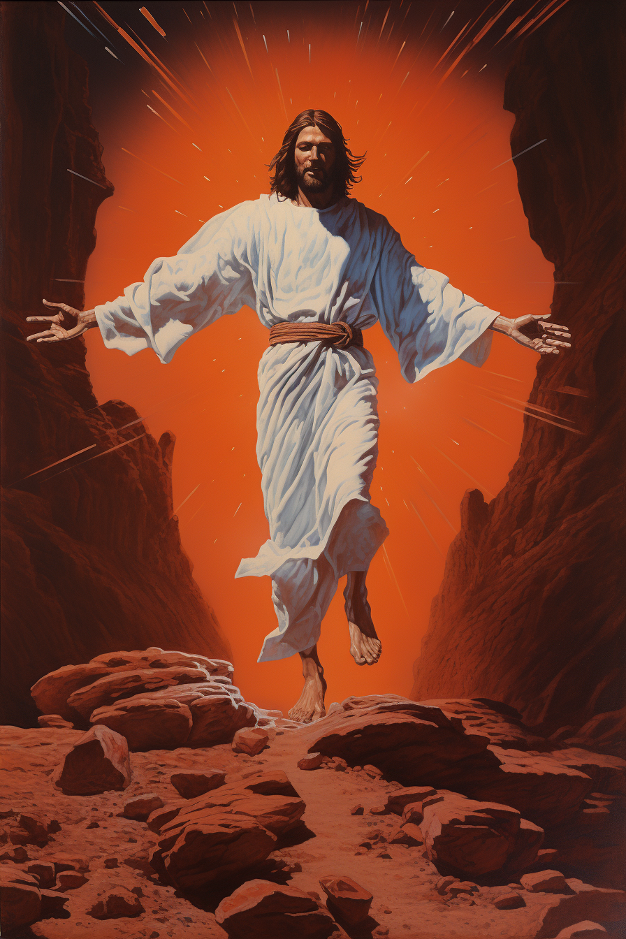 Jesus stepping out of time machine in desert