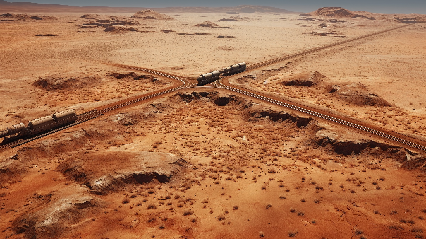 Train crossing railroad in desert