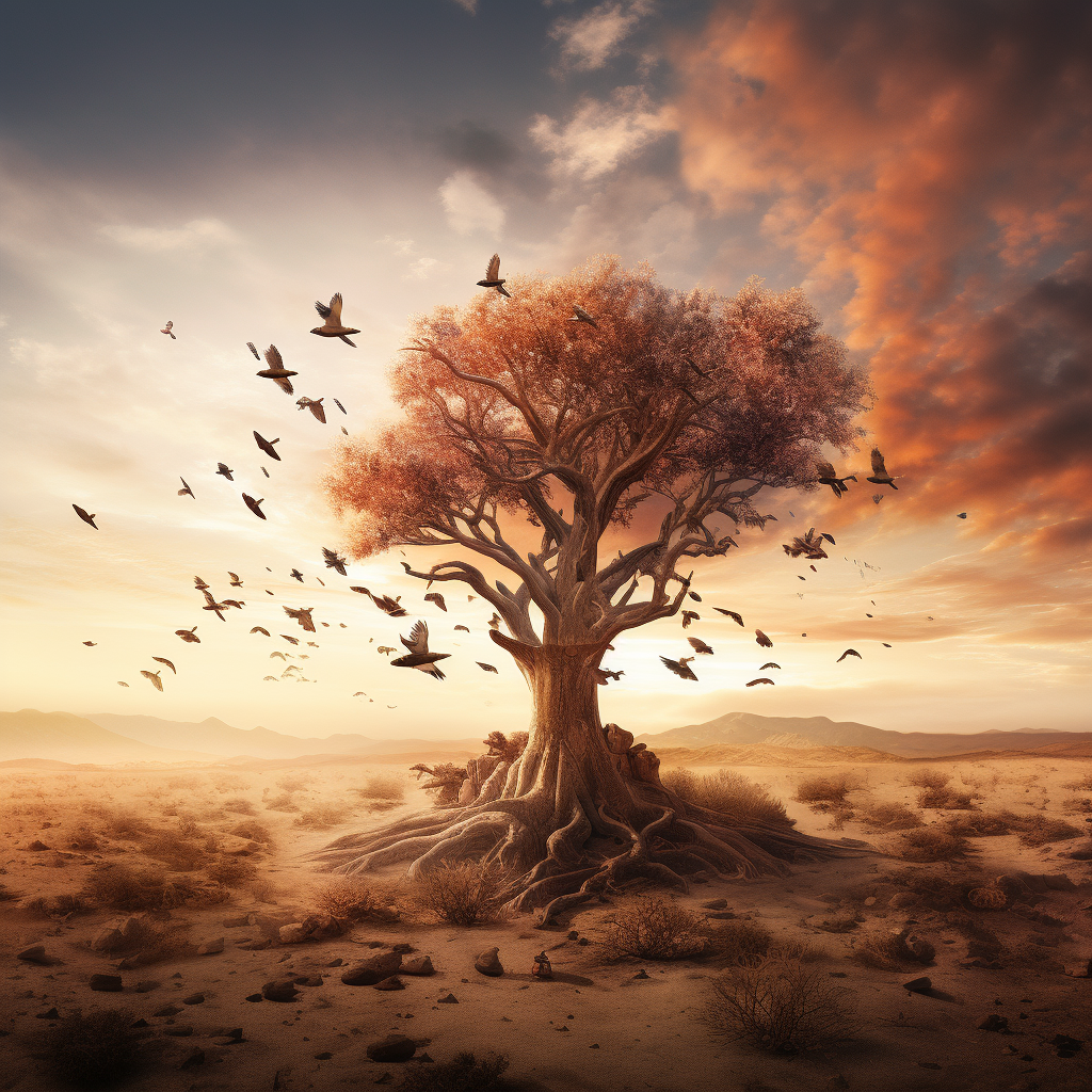 Beautiful desert tree with flying birds