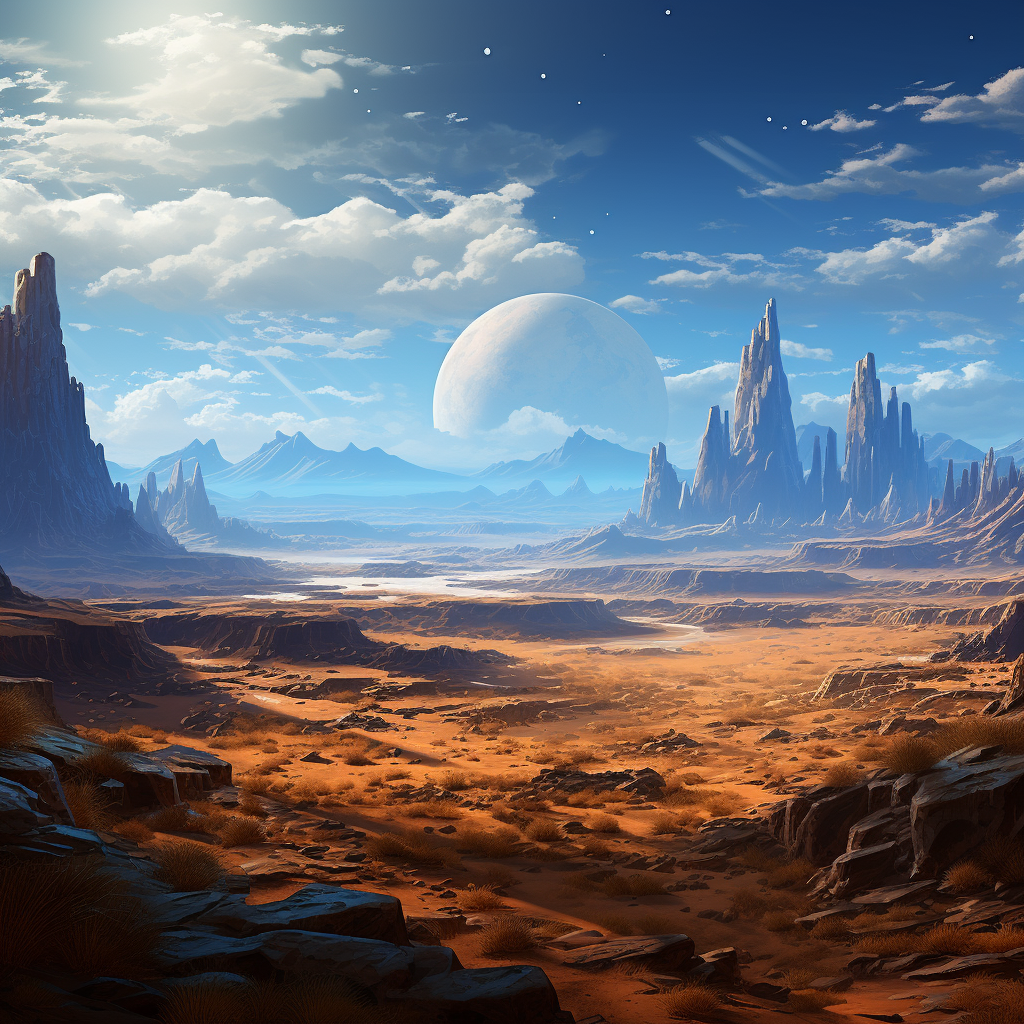 Fantasy desert valley with lone spire