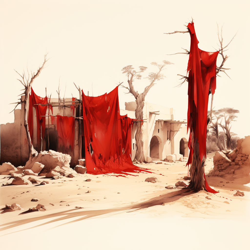 Ransacked village ruins with red cloth in the desert