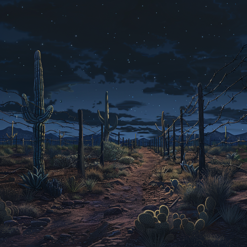 Desert wasteland nighttime scene cacti