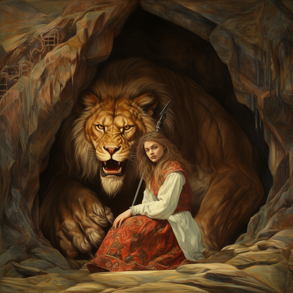 Girl leaving desert cave with lion