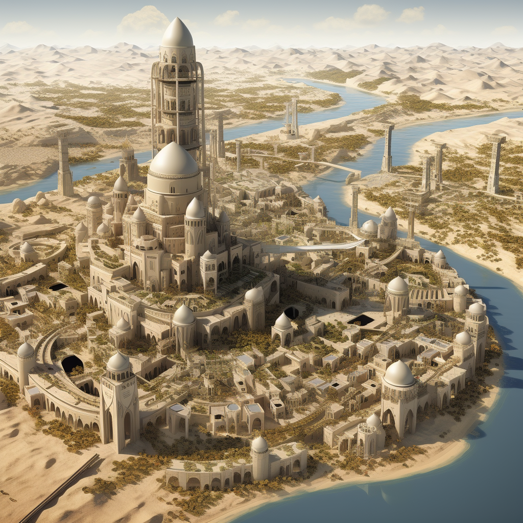 Desert city with river and central tower