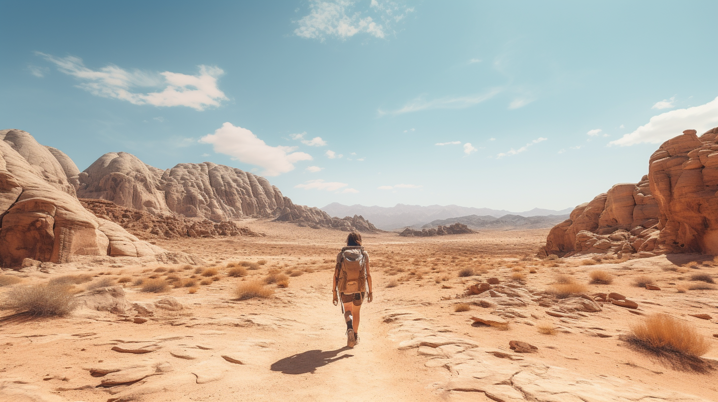 Hiker in Desert Summer Day