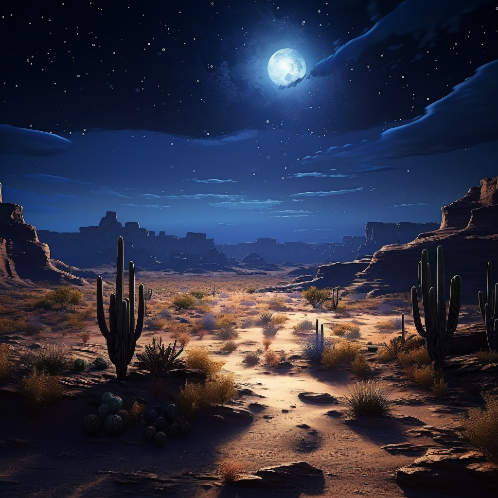 Nighttime Desert Landscape with Blue Moon Mountains and Cactus