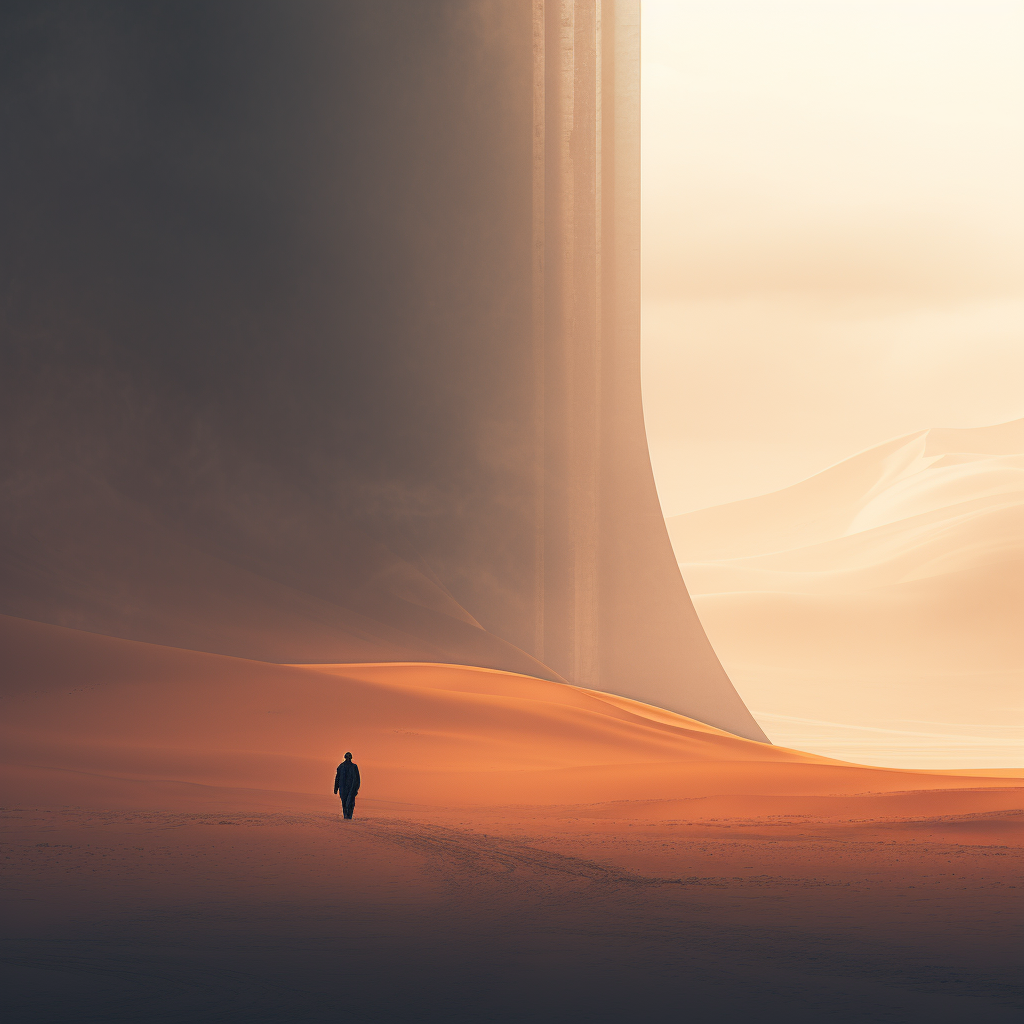 Desert Landscape with Lonely Person and Futuristic Architecture