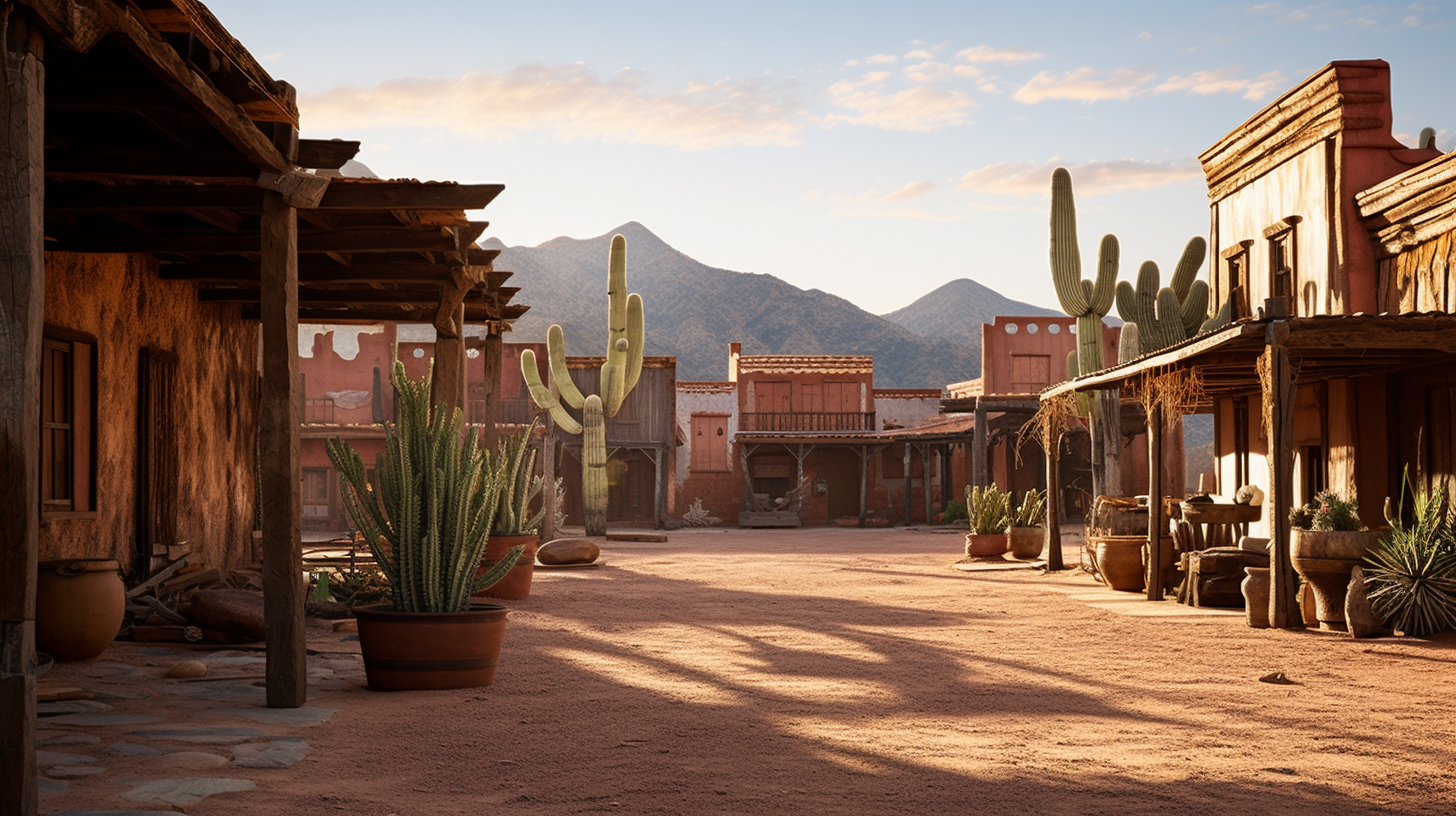 Photorealistic sunrise in a Mexican town with cactus and saloon