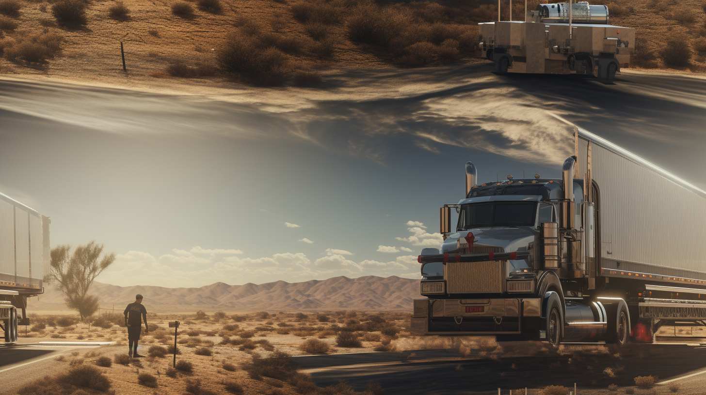 Executive with Hardhat inspecting desert road trailer