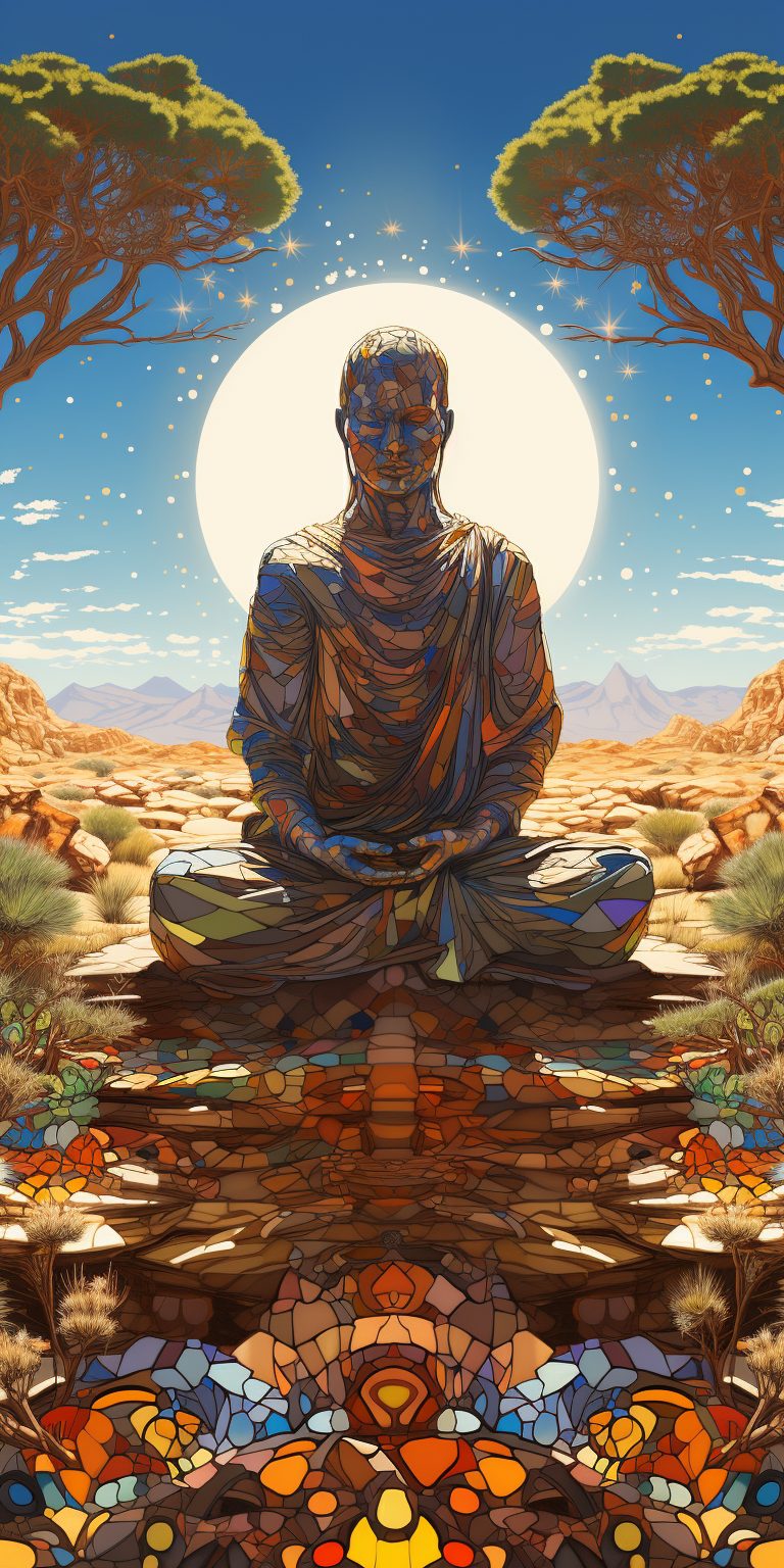 Stone man meditating in desert