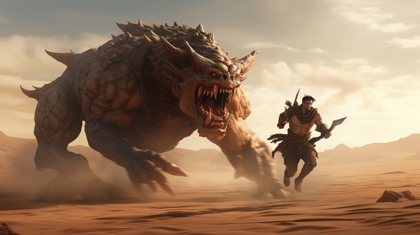 Brave desert warrior chasing fleeing orc soldier