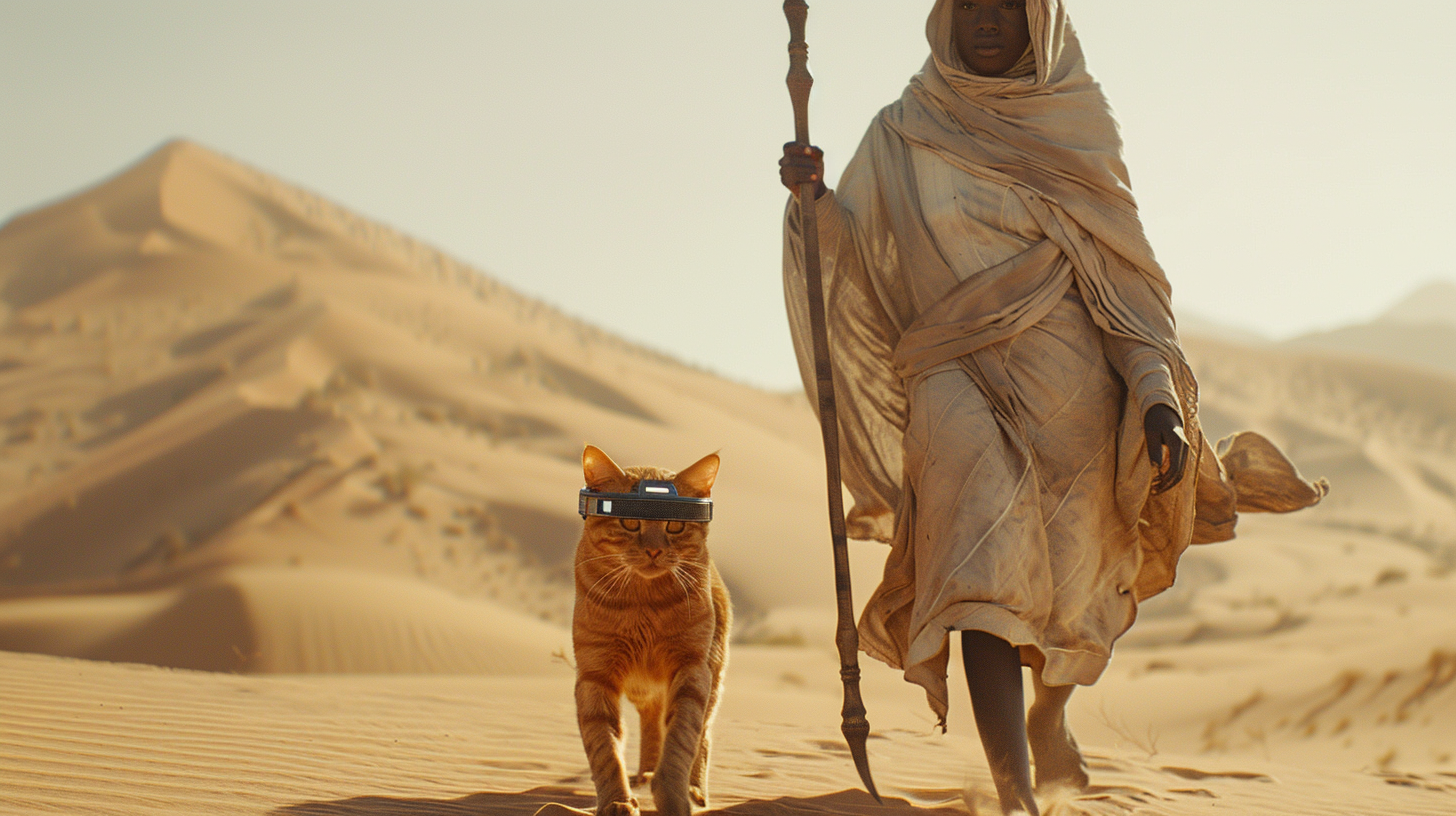 Black woman with cat and staff in desert