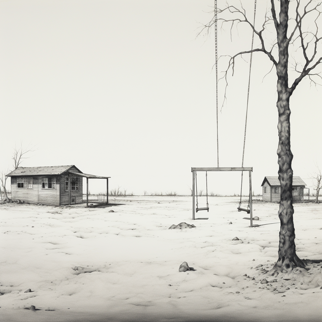 Minimalist depiction of a deserted playground swing