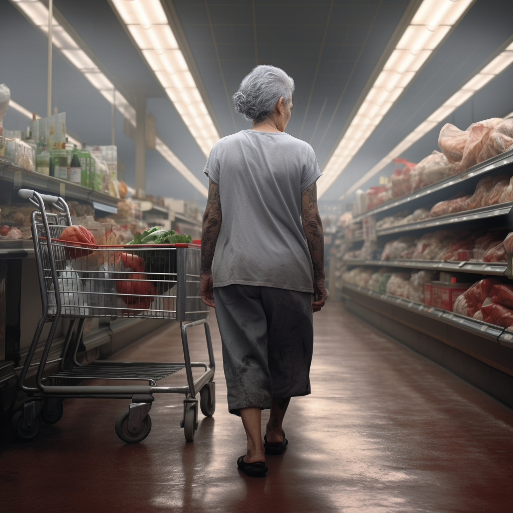 Mottled and Grey Woman in Supermarket Aisle