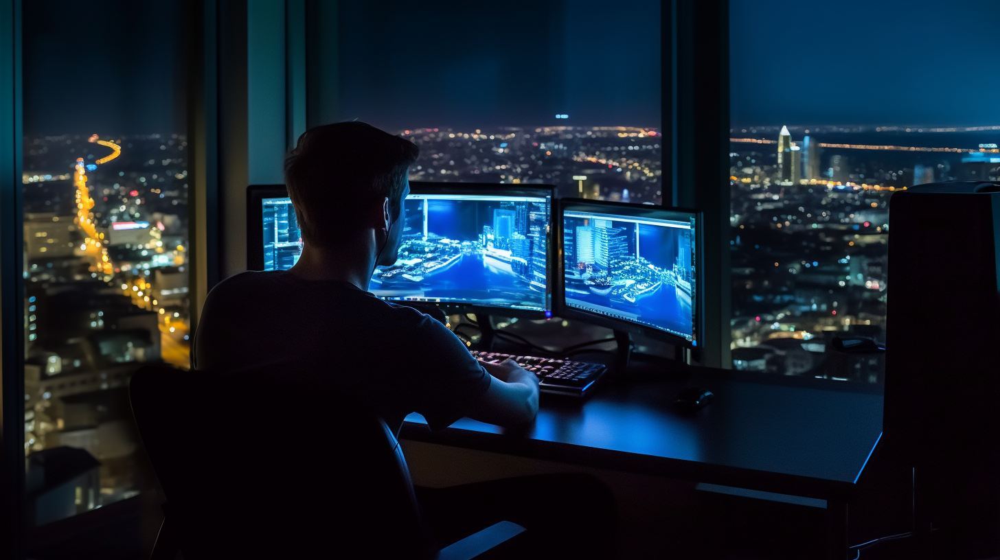 Designer Male Sitting on Modern Chair with Illuminated Monitors