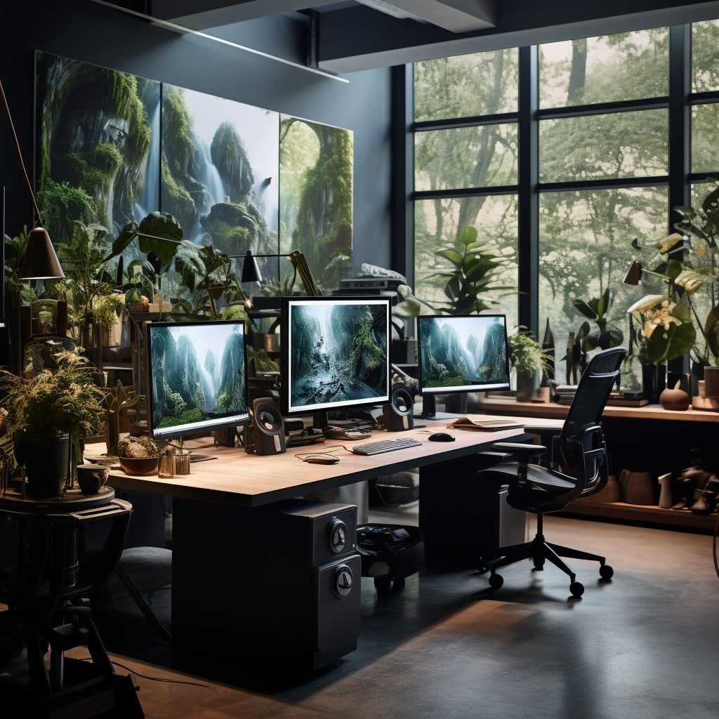 Photorealistic image of designer studio with computers and designs