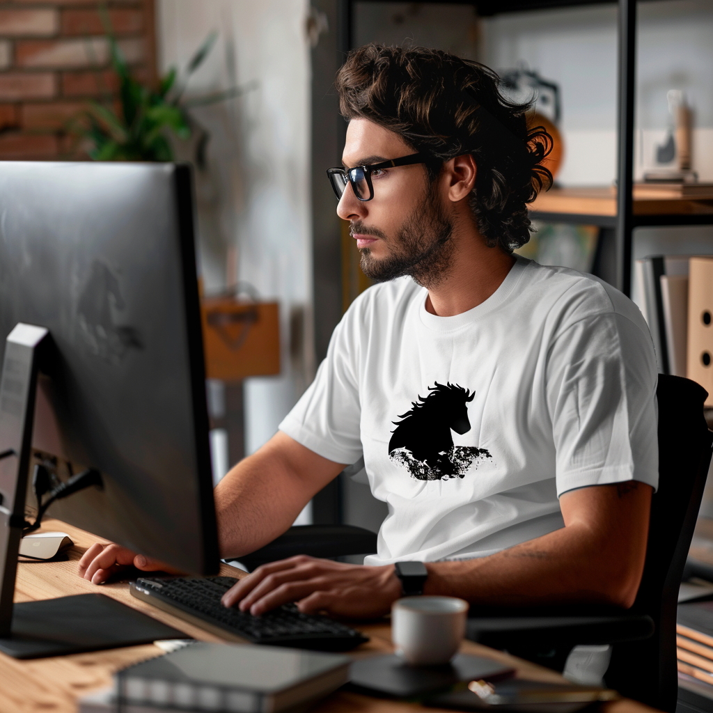 Designer in black t-shirt working