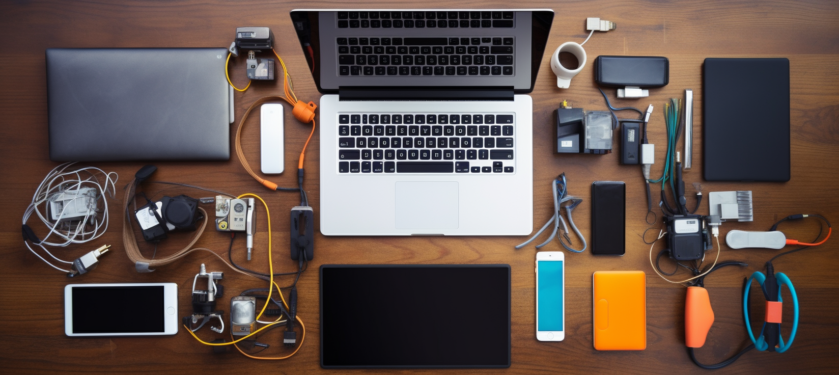 Top-Down View of Desk with Networking Equipment