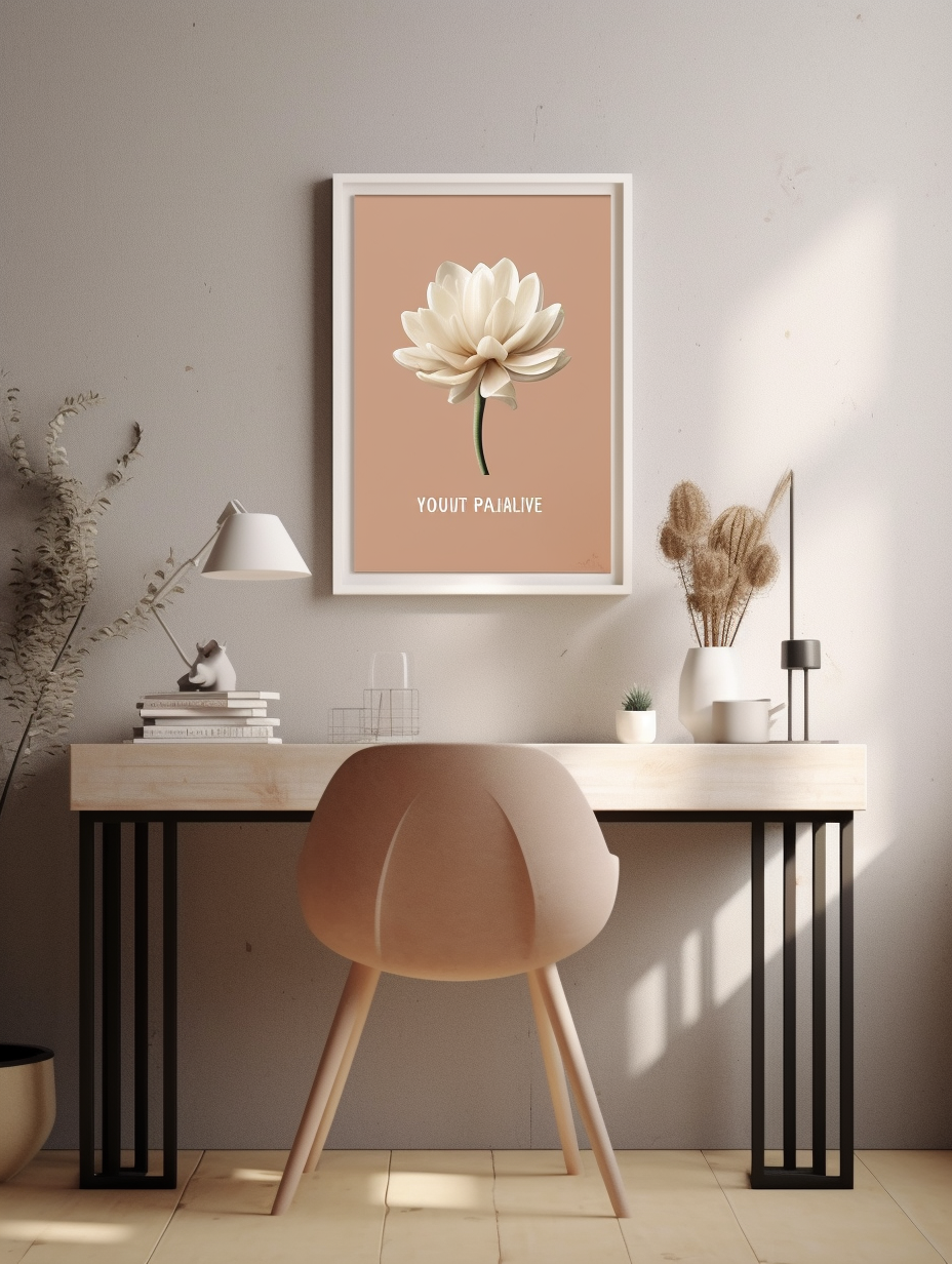 Serene desk with flower in bold lettering