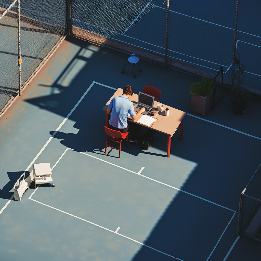 Worker at Desk in Tennis Stadium