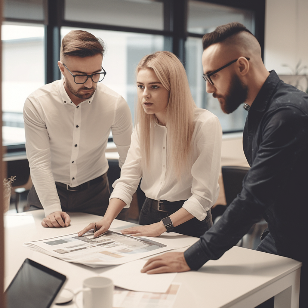 Three individuals talking around an office desk.