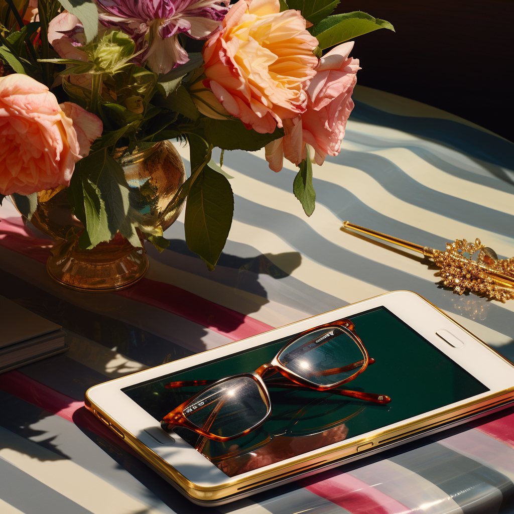 Stylish desk with iPad and exotic flowers