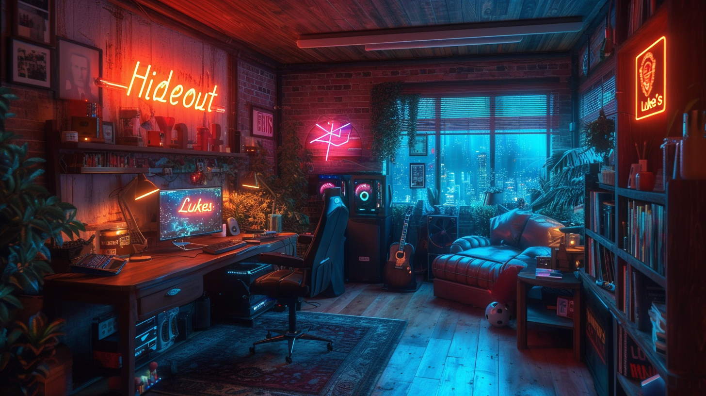 Colorful abstract gaming room with neon hideout sign