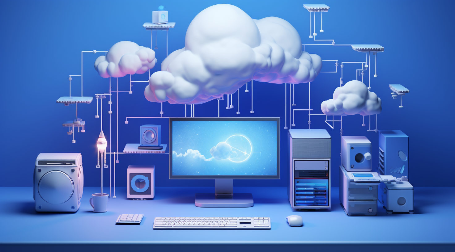 Illustration of Desktop Computer with Clouds