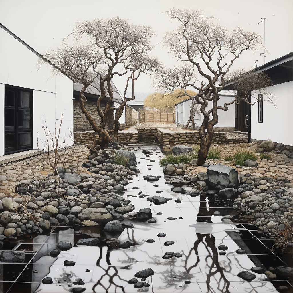 Desolate garden with black rocks, puddles, and white walls